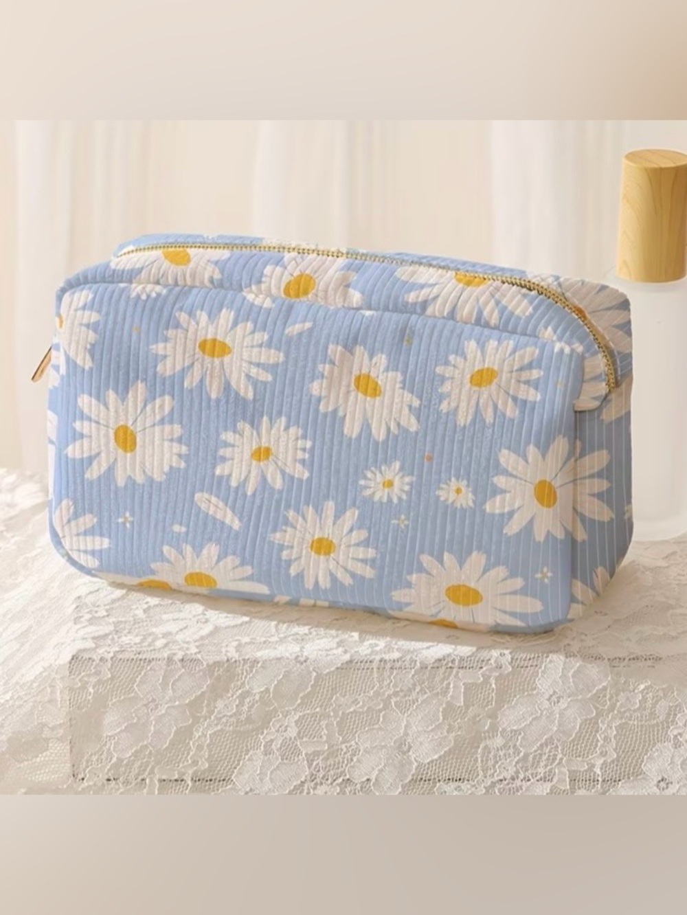 NEW Blue Daisy Corduroy Makeup Bag Floral Cosmetic Pouch Travel Organizer Zip